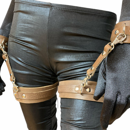 FMS111  SET OF THIGH CUFF WITH SET OF HANDCUFF GENUINE LEATHER