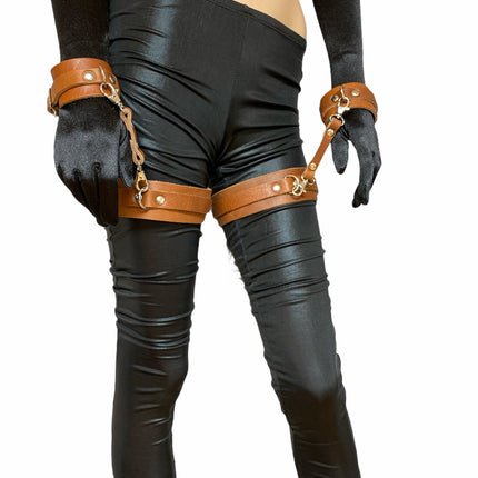 FMS111  SET OF THIGH CUFF WITH SET OF HANDCUFF GENUINE LEATHER