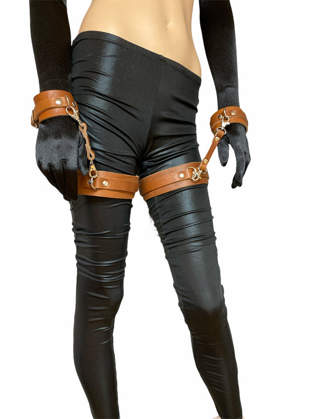 FMS111  SET OF THIGH CUFF WITH SET OF HANDCUFF GENUINE LEATHER