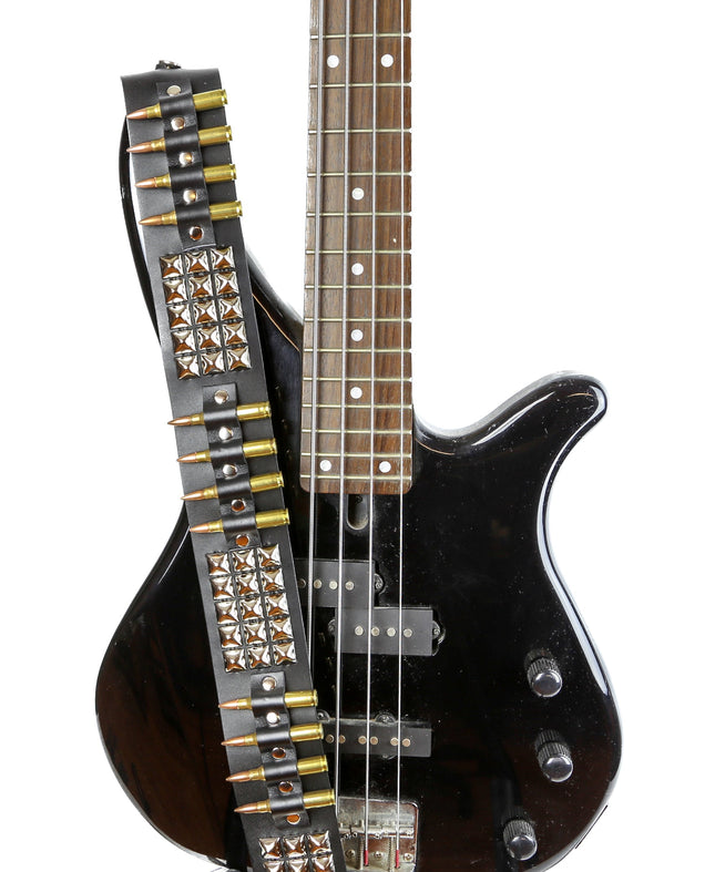 GS102 GUITAR STRAP WITH SILVER PYRAMID STUDS AND BULLETS