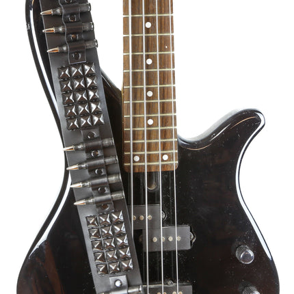 GS102BS GUITAR STRAP WITH BLACK PYRAMID STUDS AND BULLETS