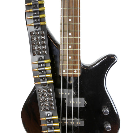 GS102BS GUITAR STRAP WITH BLACK PYRAMID STUDS AND BULLETS