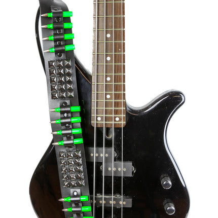 GS102BS GUITAR STRAP WITH BLACK PYRAMID STUDS AND BULLETS