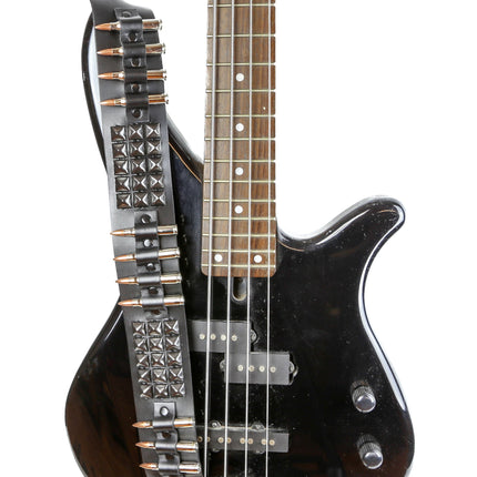 GS102BS GUITAR STRAP WITH BLACK PYRAMID STUDS AND BULLETS