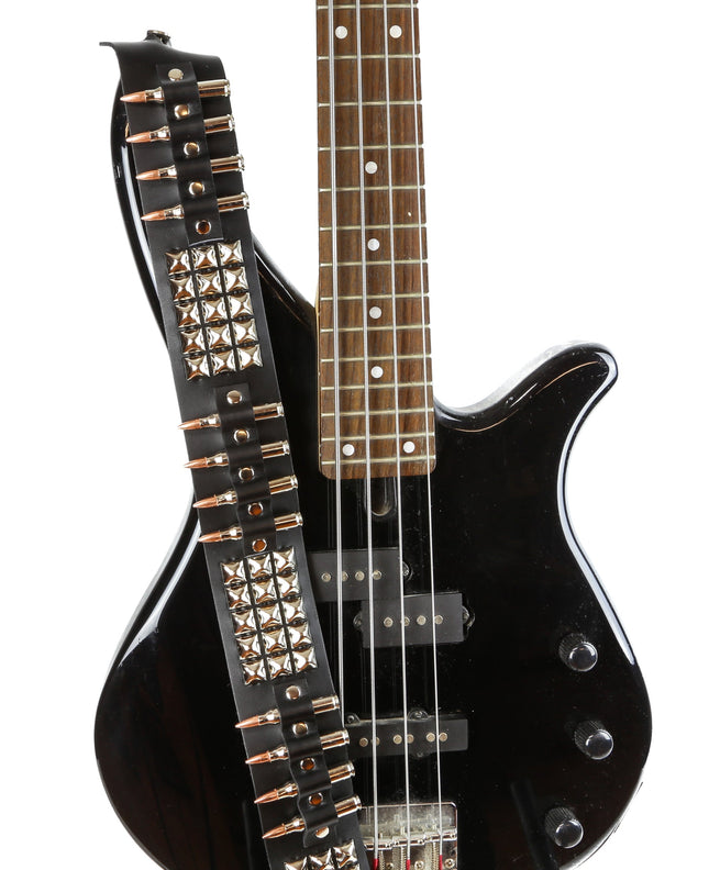 GS102 GUITAR STRAP WITH SILVER PYRAMID STUDS AND BULLETS
