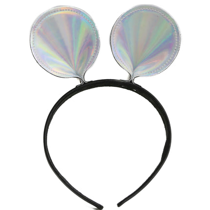 HB114RN-SIL MOUSE EAR LEATHER HEADBAND WITH RAINBOW SILVER EARS