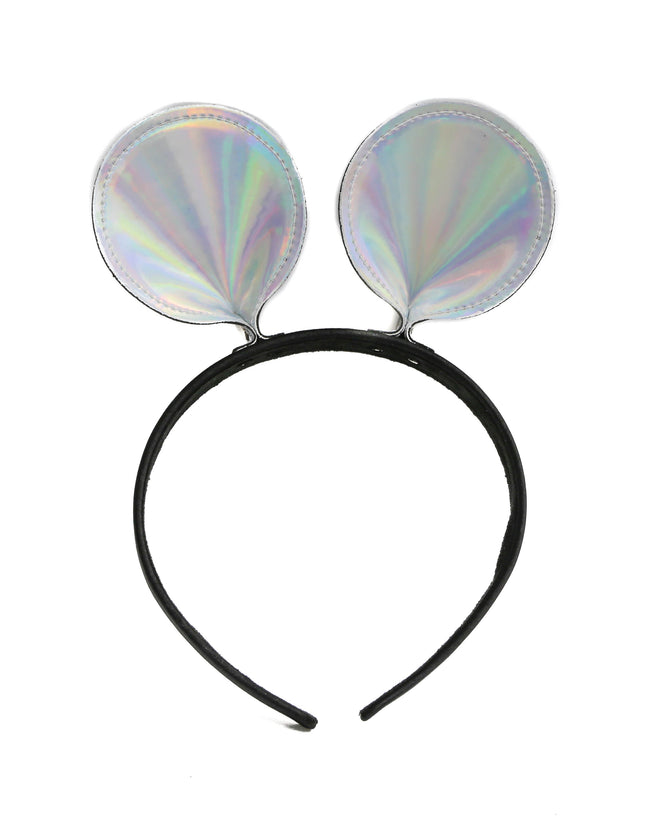 HB114RN-SIL MOUSE EAR LEATHER HEADBAND WITH RAINBOW SILVER EARS