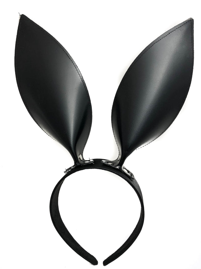 HB117G-BLK BUNNY EAR LEATHER HEADBAND WITH GLITTER BLACK EARS