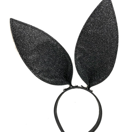HB117G-BLK BUNNY EAR LEATHER HEADBAND WITH GLITTER BLACK EARS