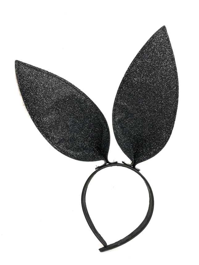 HB117G-BLK BUNNY EAR LEATHER HEADBAND WITH GLITTER BLACK EARS