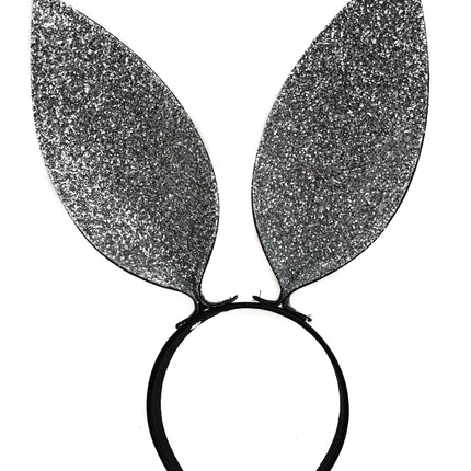 HB117G-SIL BUNNY EAR LEATHER HEADBAND WITH GLITTER SILVER EARS