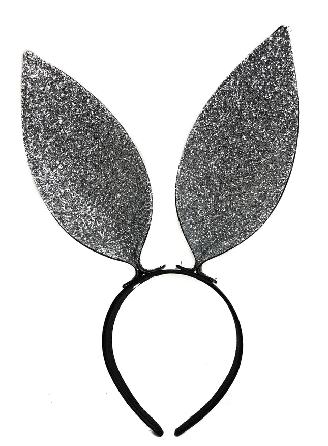 HB117G-SIL BUNNY EAR LEATHER HEADBAND WITH GLITTER SILVER EARS