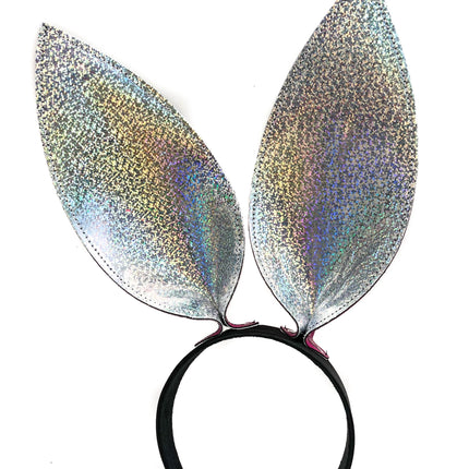 HB117RN-GLT BUNNY EAR LEATHER HEADBAND WITH RAINBOW GLITTER EARS