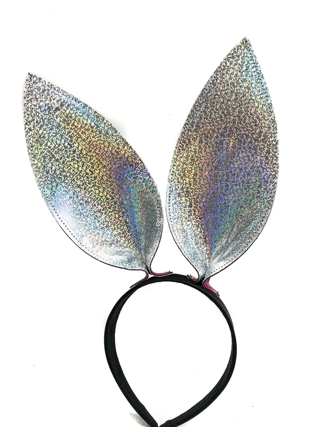HB117RN-GLT BUNNY EAR LEATHER HEADBAND WITH RAINBOW GLITTER EARS