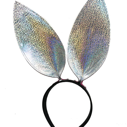 HB117RN-GLT BUNNY EAR LEATHER HEADBAND WITH RAINBOW GLITTER EARS
