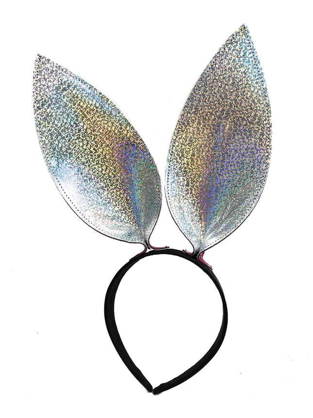 HB117RN-GLT BUNNY EAR LEATHER HEADBAND WITH RAINBOW GLITTER EARS