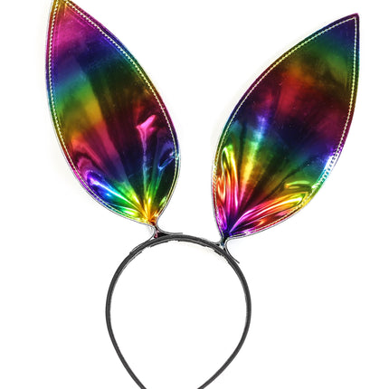 HB117RN-M BUNNY EAR LEATHER HEADBAND WITH RAINBOW MULTI-COLOR EARS