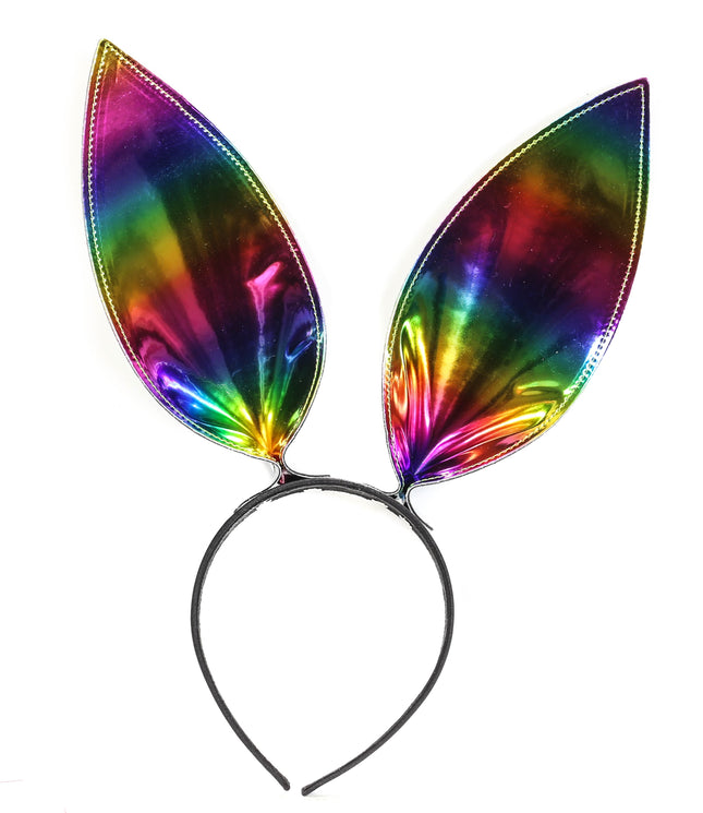 HB117RN-M BUNNY EAR LEATHER HEADBAND WITH RAINBOW MULTI-COLOR EARS