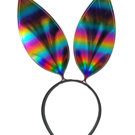 HB117RN-M BUNNY EAR LEATHER HEADBAND WITH RAINBOW MULTI-COLOR EARS