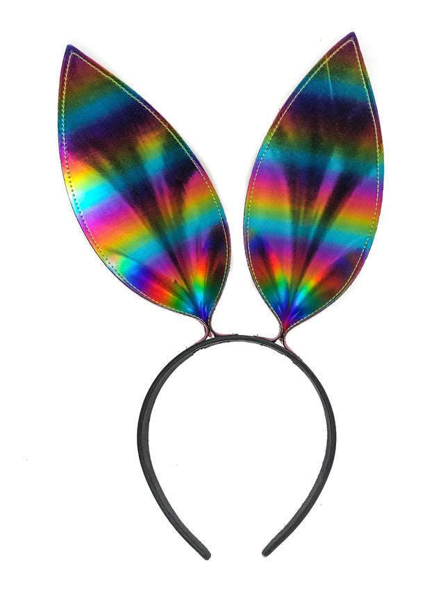 HB117RN-M BUNNY EAR LEATHER HEADBAND WITH RAINBOW MULTI-COLOR EARS