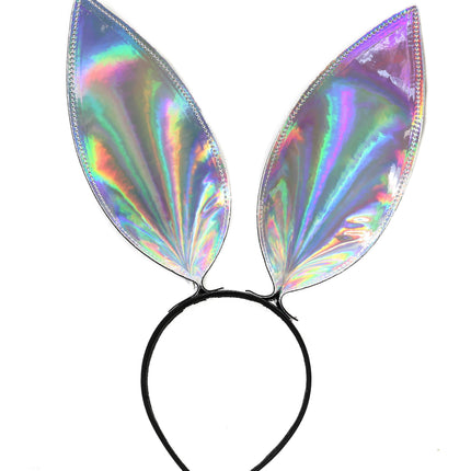 HB117RN-SIL BUNNY EAR LEATHER HEADBAND WITH RAINBOW SILVER EARS