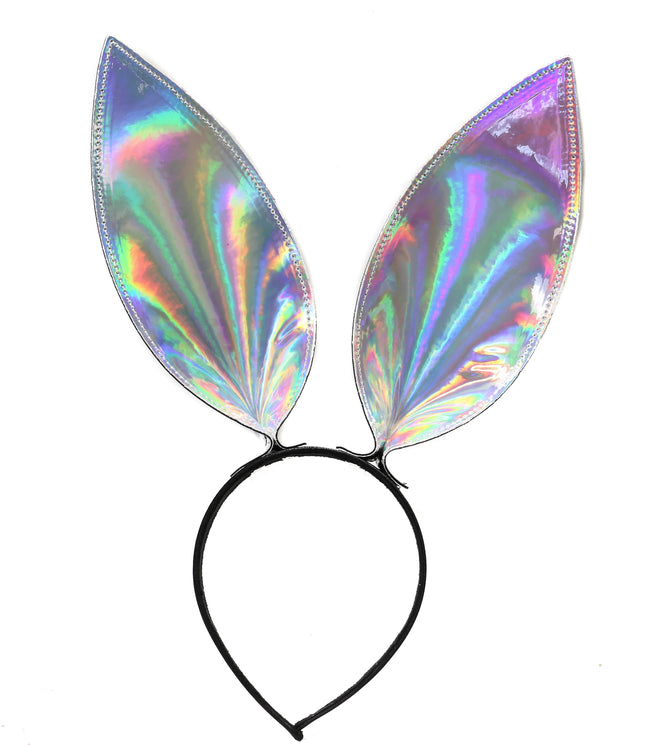 HB117RN-SIL BUNNY EAR LEATHER HEADBAND WITH RAINBOW SILVER EARS