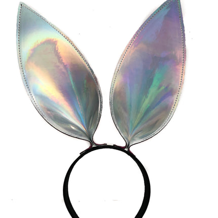 HB117RN-SIL BUNNY EAR LEATHER HEADBAND WITH RAINBOW SILVER EARS