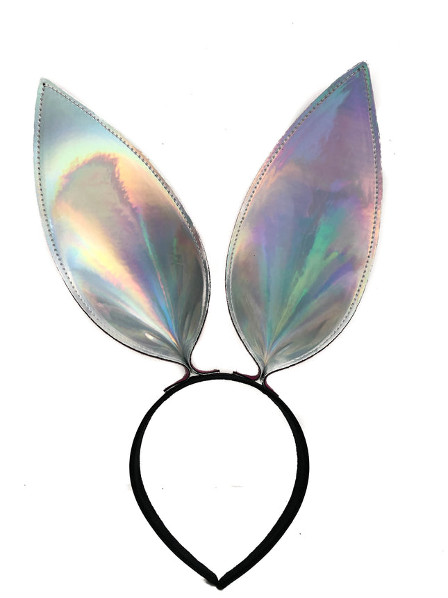 HB117RN-SIL BUNNY EAR LEATHER HEADBAND WITH RAINBOW SILVER EARS