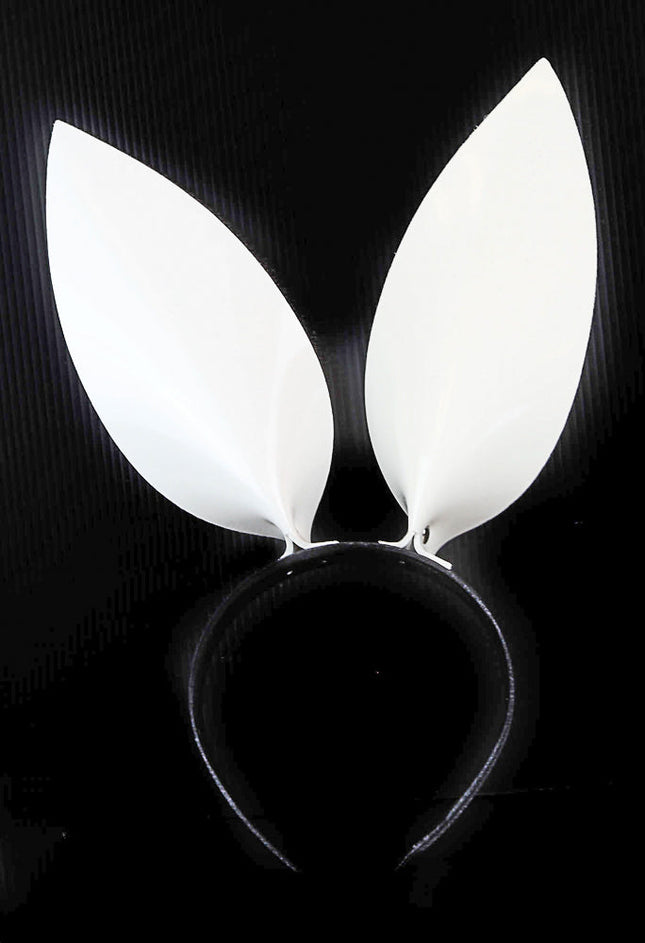 HB117VN-WHT BUNNY EAR LEATHER HEADBAND WITH VINYL WHITE EARS