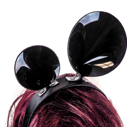 HB119VN LOP-SIDED MOUSE EAR LEATHER HEADBAND WITH VINYL BLACK