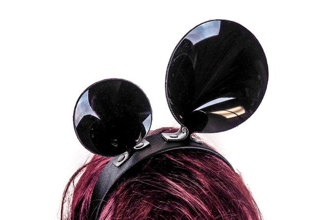 HB119VN LOP-SIDED MOUSE EAR LEATHER HEADBAND WITH VINYL BLACK