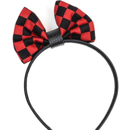 HB136-RED BOWTIE LEATHER HEADBAND WITH BLACK AND RED CHECKERED