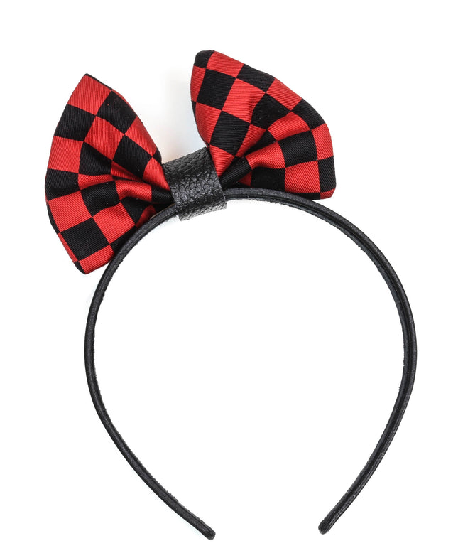 HB136-RED BOWTIE LEATHER HEADBAND WITH BLACK AND RED CHECKERED