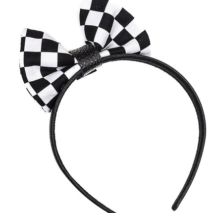HB136-WHT BOWTIE LEATHER HEADBAND WITH BLACK AND WHITE CHECKERED