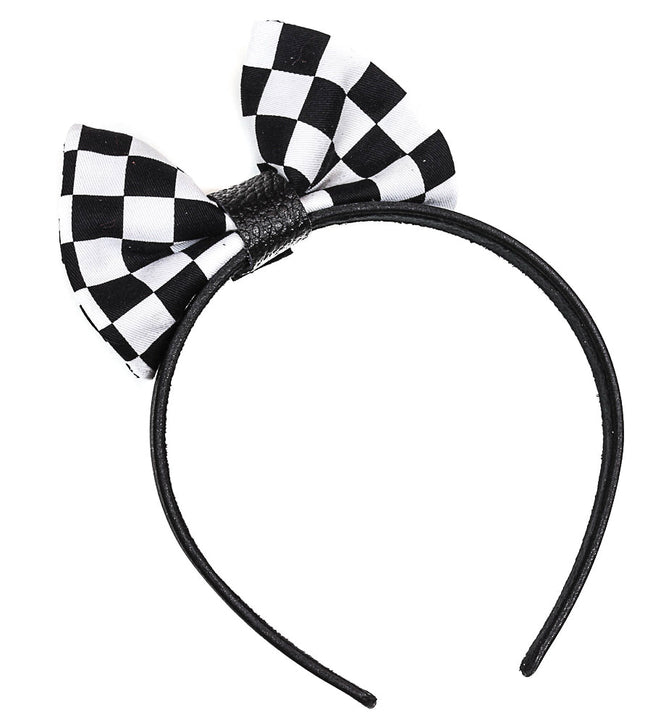HB136-WHT BOWTIE LEATHER HEADBAND WITH BLACK AND WHITE CHECKERED