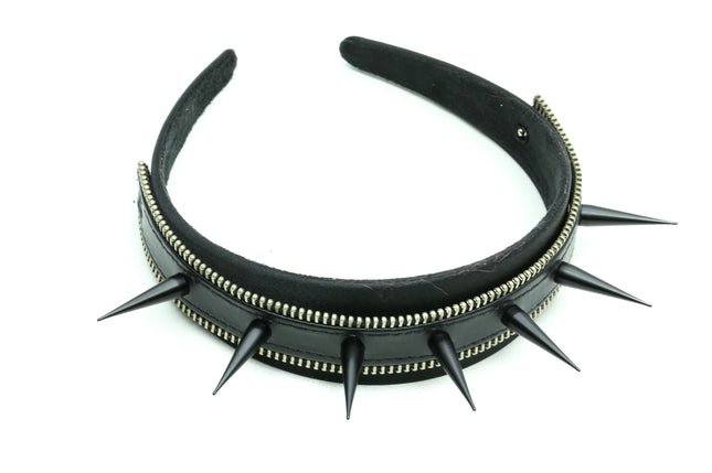 HB151-BS ZIPPER HEADBAND WITH BLACK TALL SPIKES 25MM-1.25" WIDE