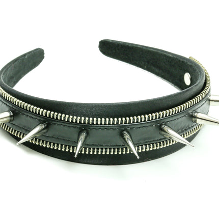 HB151 ZIPPER HEADBAND WITH SILVER TALL SPIKES 25MM-1.25" WIDE