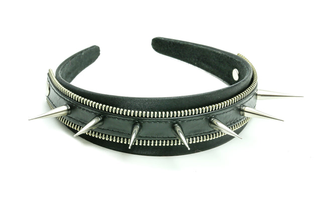 HB151 ZIPPER HEADBAND WITH SILVER TALL SPIKES 25MM-1.25" WIDE