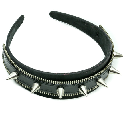 HB153 ZIPPER HEADBAND WITH SILVER CONE SPIKES 25MM-1.25" WIDE
