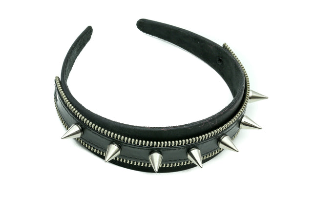 HB153 ZIPPER HEADBAND WITH SILVER CONE SPIKES 25MM-1.25" WIDE