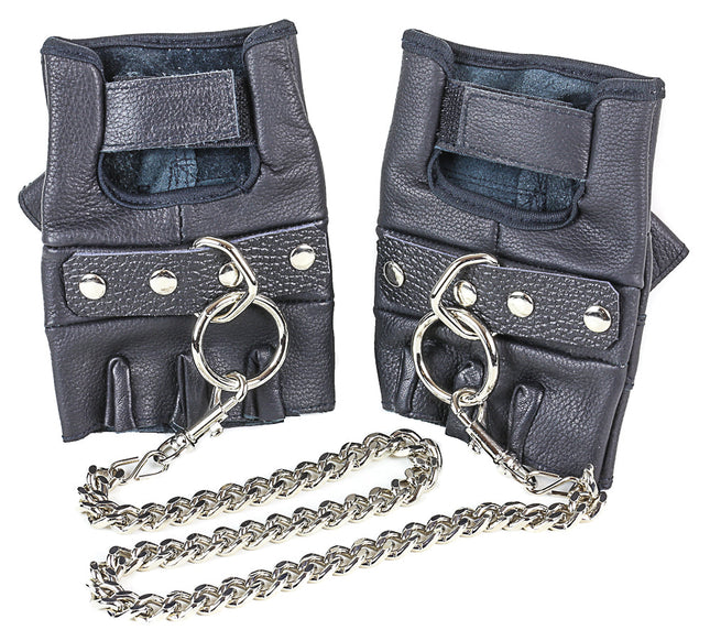 HC125  FINGERLESS GLOVE LEATHER HANDCUFF LEASH