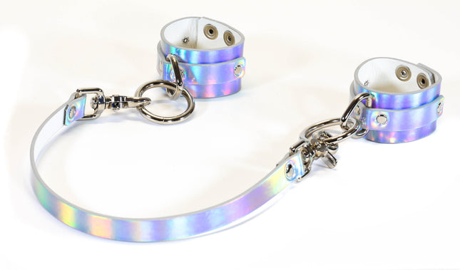 HC130RN  HOLOGRAPHIC RAINBOW STRAPPED LEASH HANDCUFF WRIST RESTRAINTS