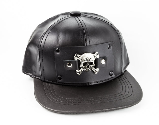 HT106 LEATHER BASEBALL HAT WITH SKULL AND CROSSBONES