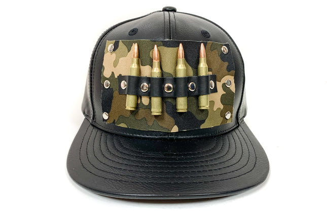 HT135 LEATHER BASEBALL HAT WITH CAMO PLATE AND BRASS