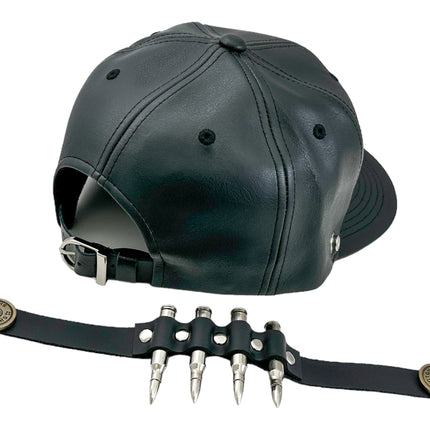 HT162 BULLET STAPPED VEGAN LEATHER BASEBALL  HAT