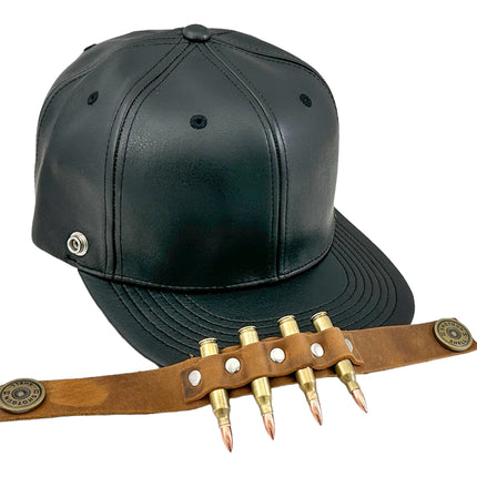 HT162BROWN  BULLET STAPPED VEGAN LEATHER BASEBALL  HAT