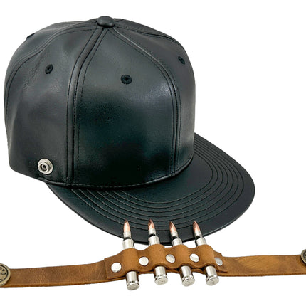 HT162BROWN  BULLET STAPPED VEGAN LEATHER BASEBALL  HAT