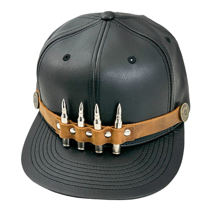HT162BROWN  BULLET STAPPED VEGAN LEATHER BASEBALL  HAT