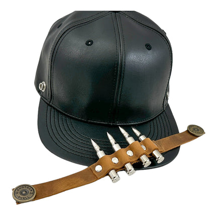 HT162BROWN  BULLET STAPPED VEGAN LEATHER BASEBALL  HAT