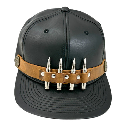 HT162BROWN  BULLET STAPPED VEGAN LEATHER BASEBALL  HAT